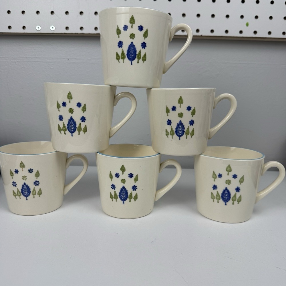 Vtg Marcrest Swiss Alpine Mug Set 6 Stoneware‎ Blue Rim MCM